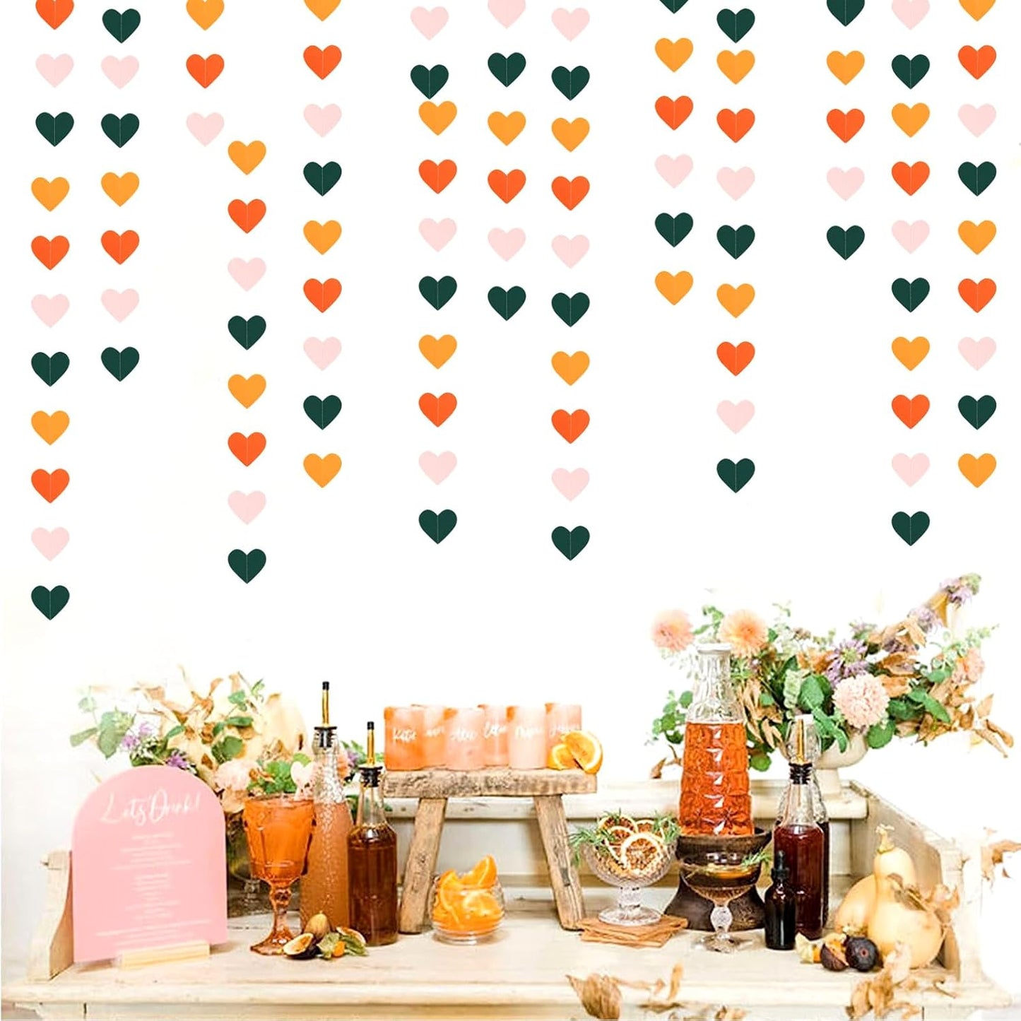 Pink Green Orange Party-Decorations Heart-Garland - 52ft Little Cutie Baby Shower Hanging Decoration Streamers Banner,Wedding Bridal Shower Birthday Spring Summer Fall Autumn Decor Panduola