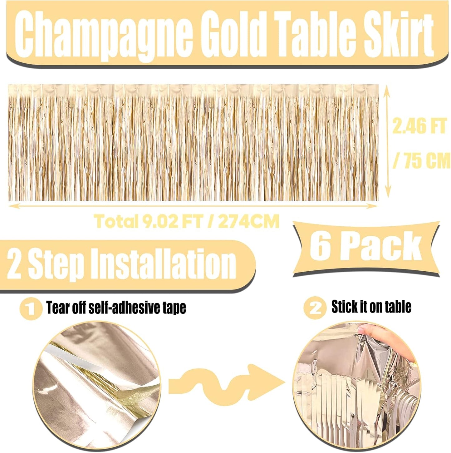 6 Pack 29x108 Inch Metallic Foil Fringe Tinsel Table Skirts Banner for Rectangle Tables Streamer Garland Backdrop for Wedding, Birthday, Parade Floats, Halloween Party Decoration(New Champagne Gold)