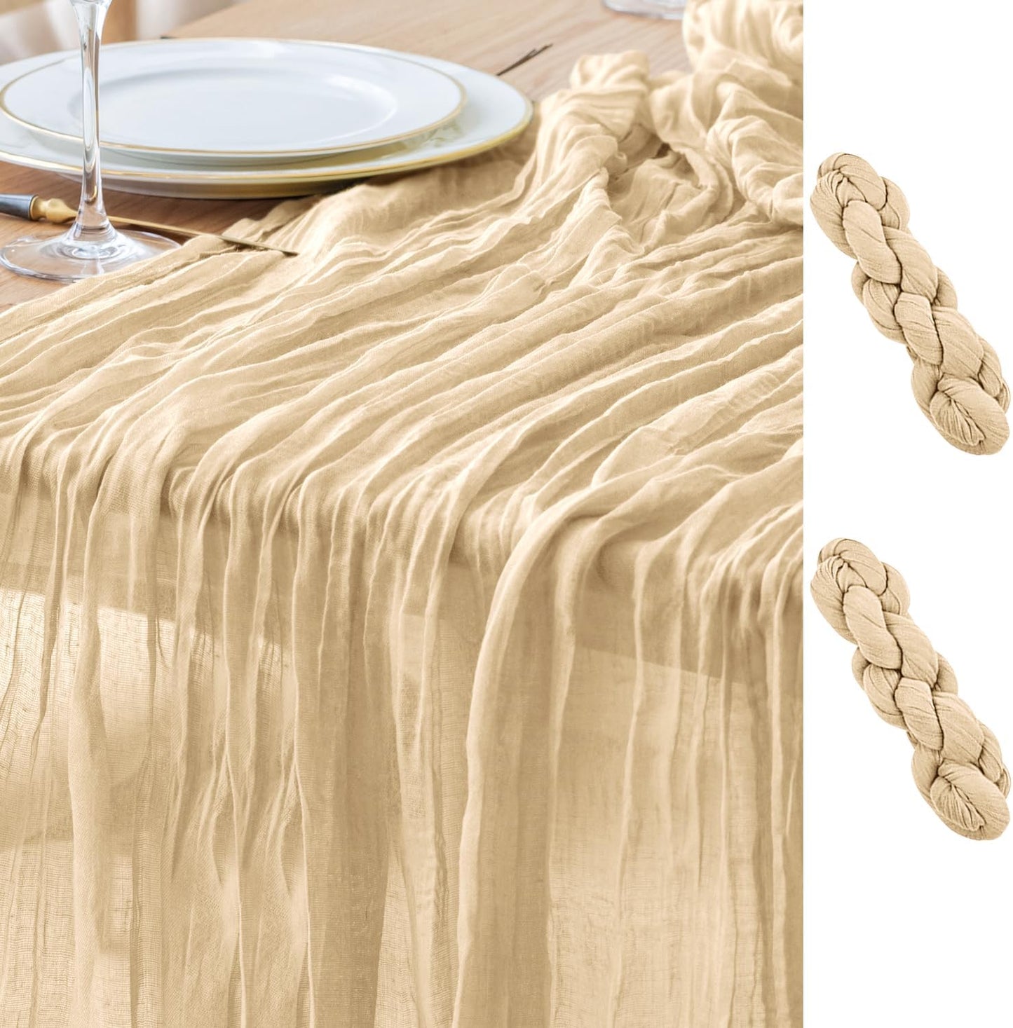 Asee'm 2pcs Cheesecloth Table Runner 120 Inches Long Sand Boho Gauze Cheese Cloth Runner 10FT Rustic Sheer Table Runners for Christmas Wedding Party Baby Shower Spring Easter Decoration