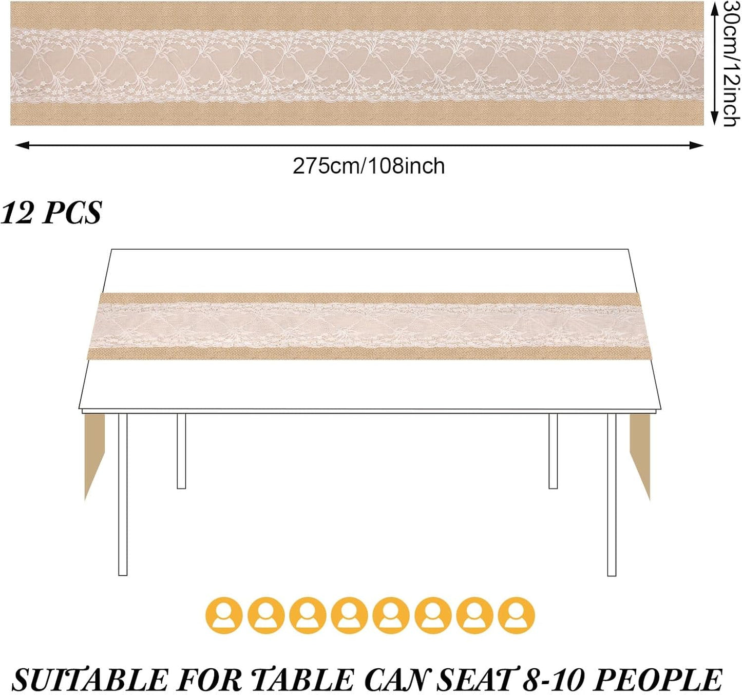 Xinnun 12 Pcs Burlap Table Runner with Lights 12 x 108 Inches Burlap Lace Table Runner Rustic Wedding Decorations Home Party (Vine)