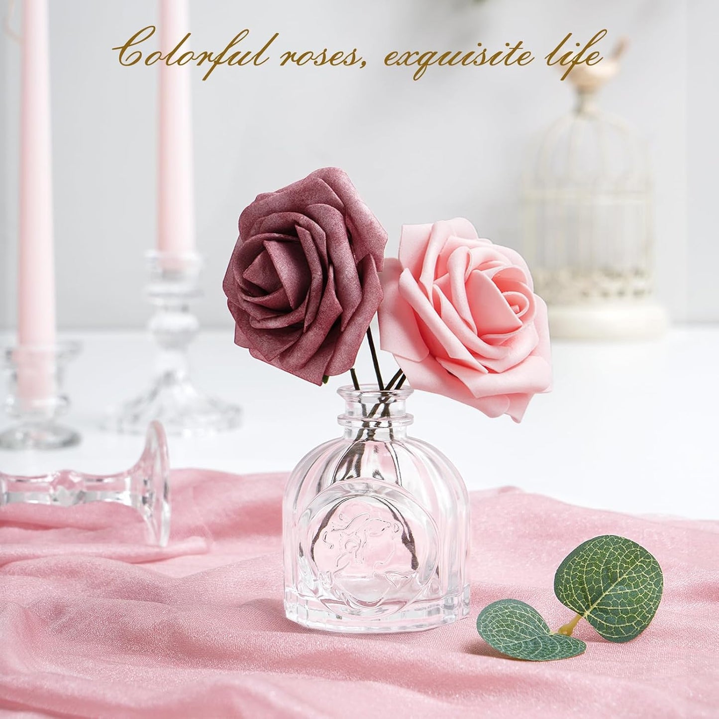 BLEUM CADE 36Pcs Artificial Flowers Fake Roses with Stems, Gradient Dusty Rose Boxed Foam Roses for DIY Bouquets Centerpieces Wedding Party Arrangement Bridal Shower Decor