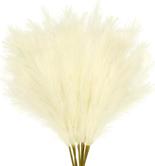 35" Faux Pampas Grass Decor, 8pcs Large Tall Fluffy Artificial Pompous Grass Branches Floral Fake Pompas Grass Bulrush Floor Vase Filler Flower Arrangement for Home Wedding Boho Decor Beige