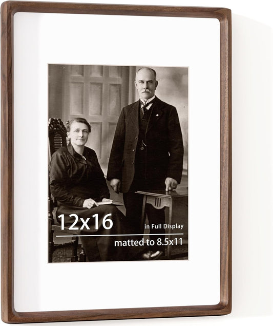 12x16 Frame USA-Sourced Natural Walnut Wood Solid Wood Photo Frame Handcrafted Rounded Corner with Mat to 8.5x11 Picture Frame Display with Real Glass Family Picture, Wedding Photo, Certificate