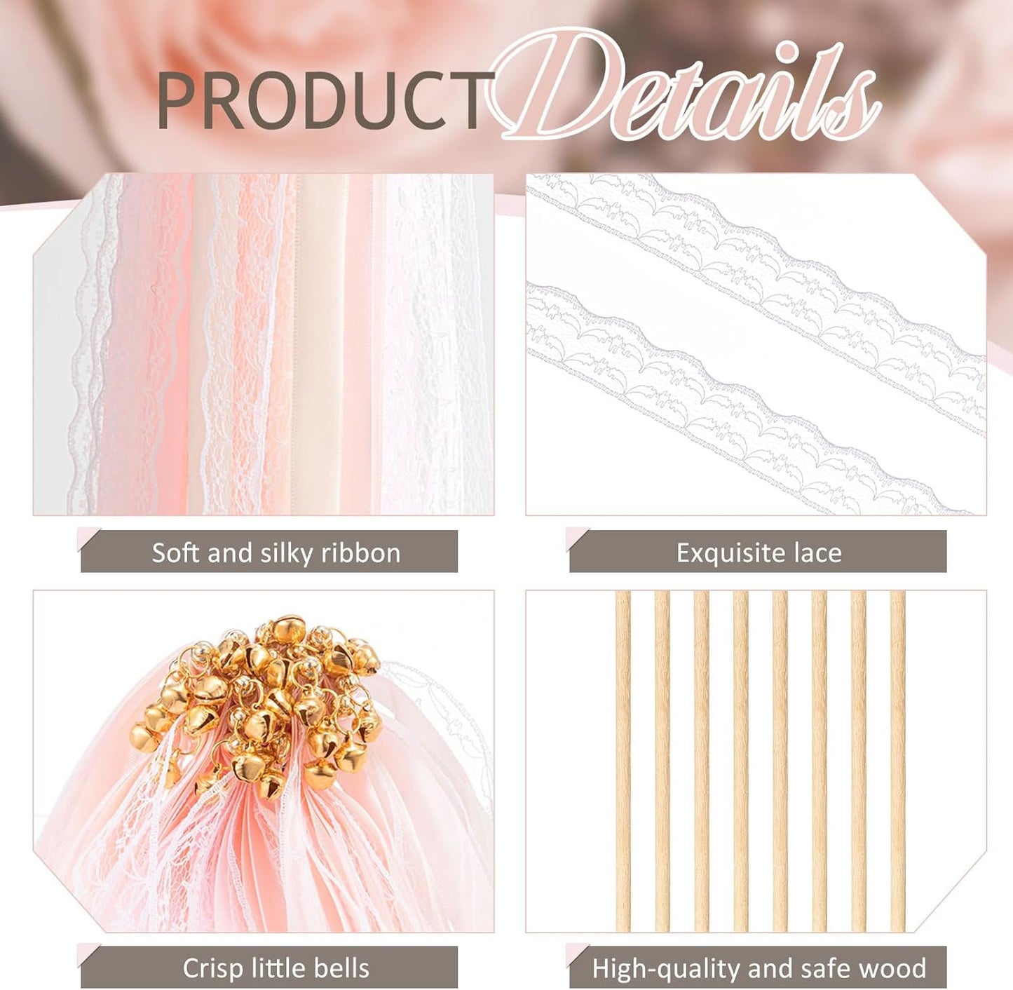 Taiyin 150 Pcs Lace Ribbon Stick Wands Wedding Wand Streamers with Bell Silk Ribbon Fairy Wand Wedding Send Off Streamer for Baby Shower Holiday Party Favors (Pink,Beige)