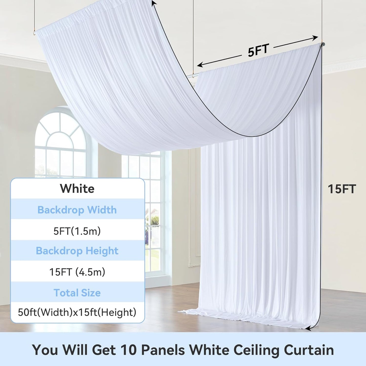 50ft x 15ft White Wrinkle Free Backdrop Curtains for Parties,Silky Polyester Fabric Wedding Ceiling Drapes, 10 Panels 15ft Photo Back Drop Drapes for Baby Shower Photography Stage Background Cloth
