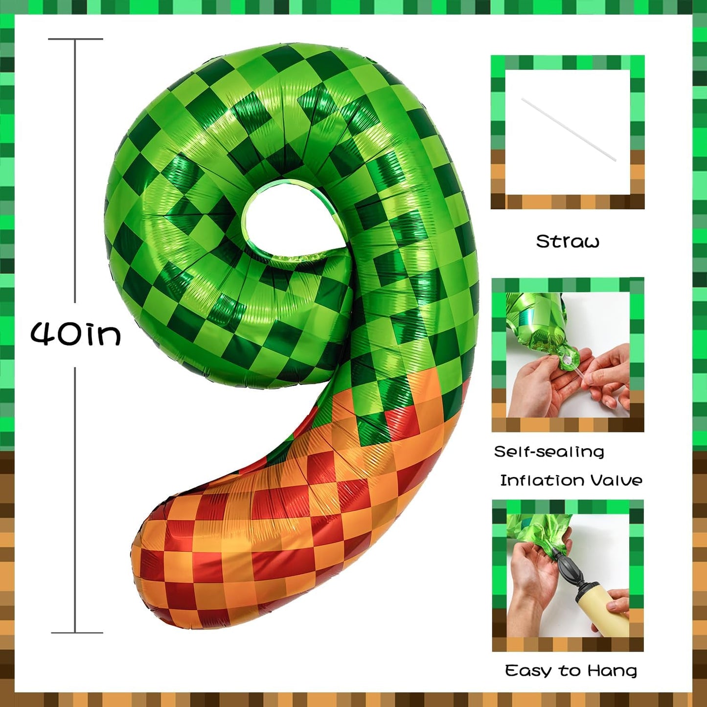 Pixel & TNT Theme 40in Giant Number Balloons - Foil Mylar Birthday Party Decorations for Kids Adults Cumpleaños, Block Style Pixel Art Shape Balloon Decor Supplies (Pixel, Number 9)