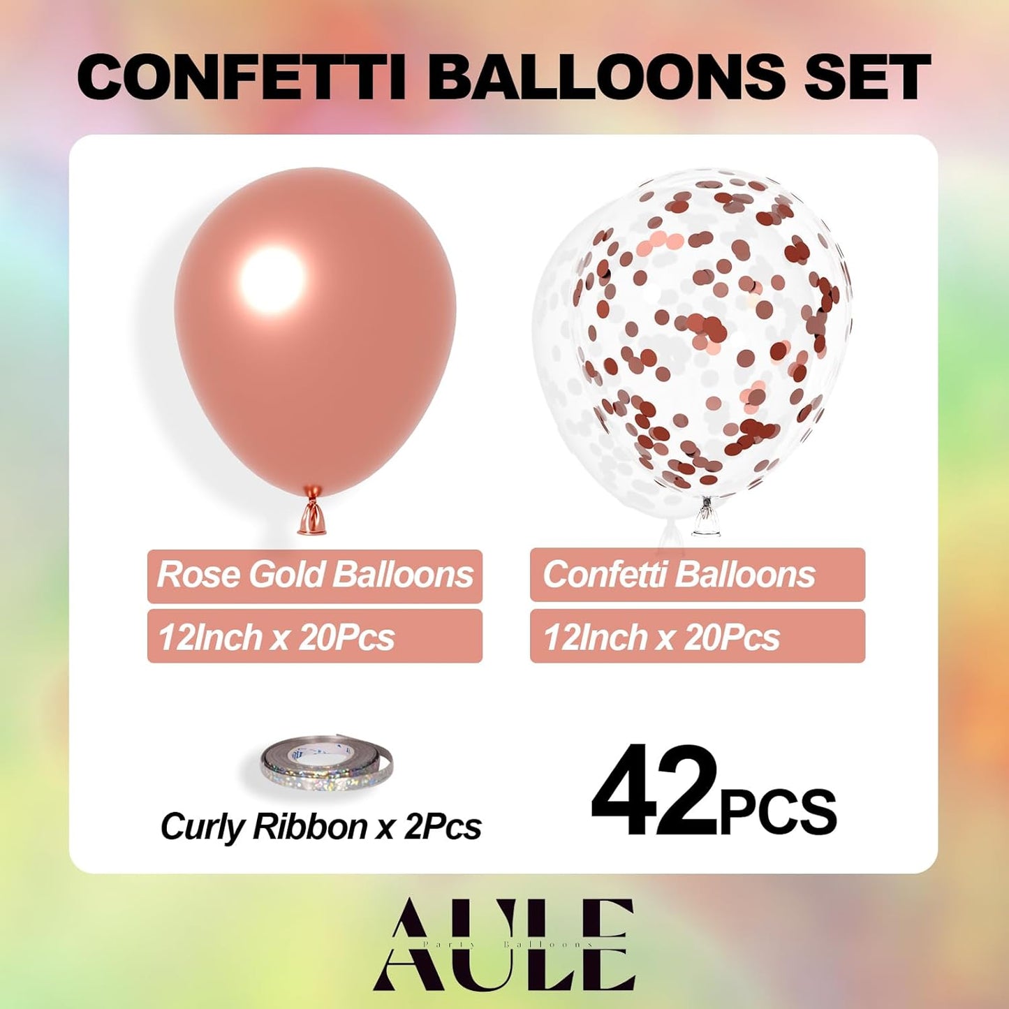 AULE Party Balloons Pack of 42 - Metallic Chrome Rose Gold Balloons and Rose Gold Confetti Latex Helium Balloons With 64ft Ribbons - 12 Inch Balloon Decoration Kit