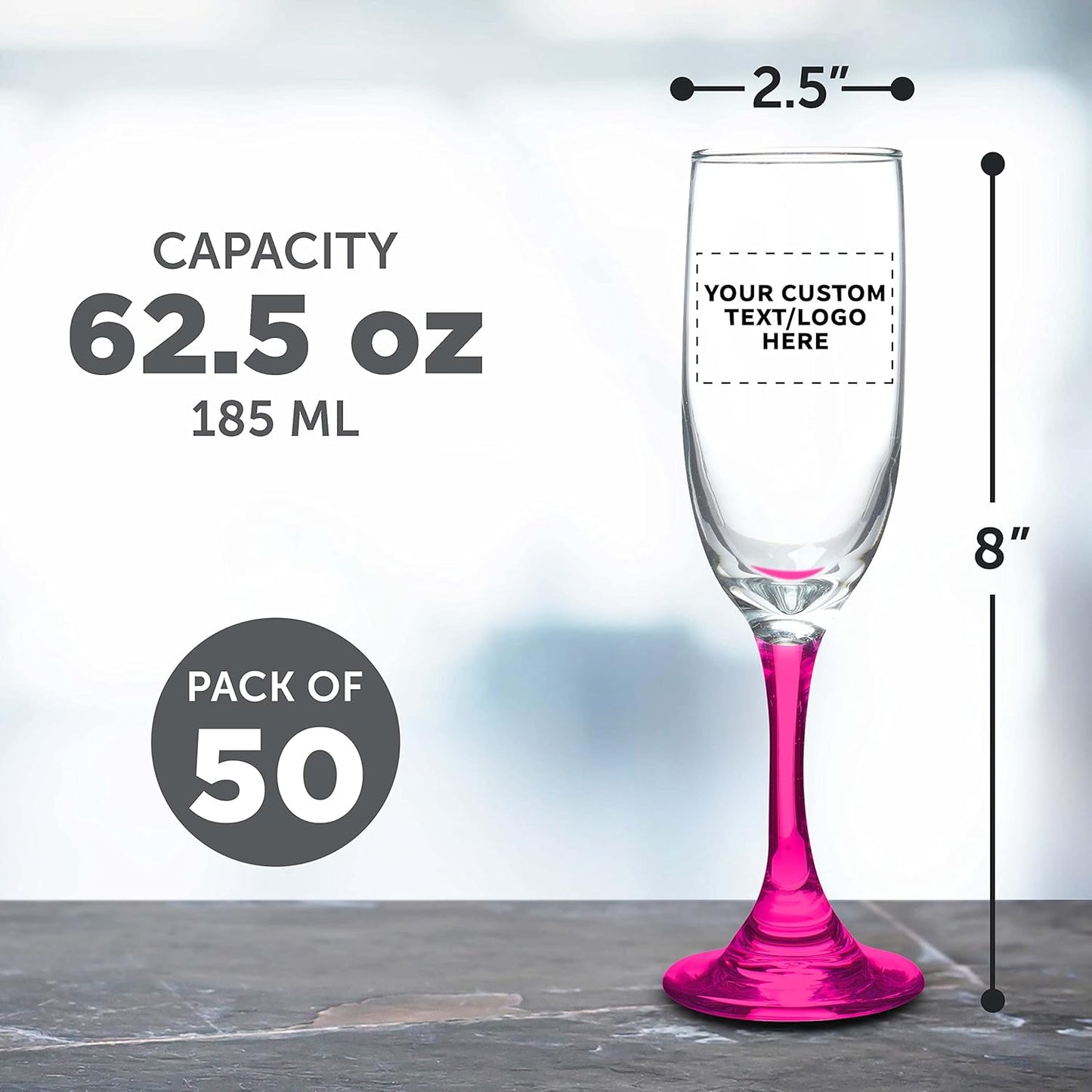 DISCOUNT PROMOS Custom Premiere Champagne Flutes 6.25 oz. Set of 50, Personalized Bulk Pack - Elegant Drinkware for Weddings, Events, & Promotional Gifts - Pink
