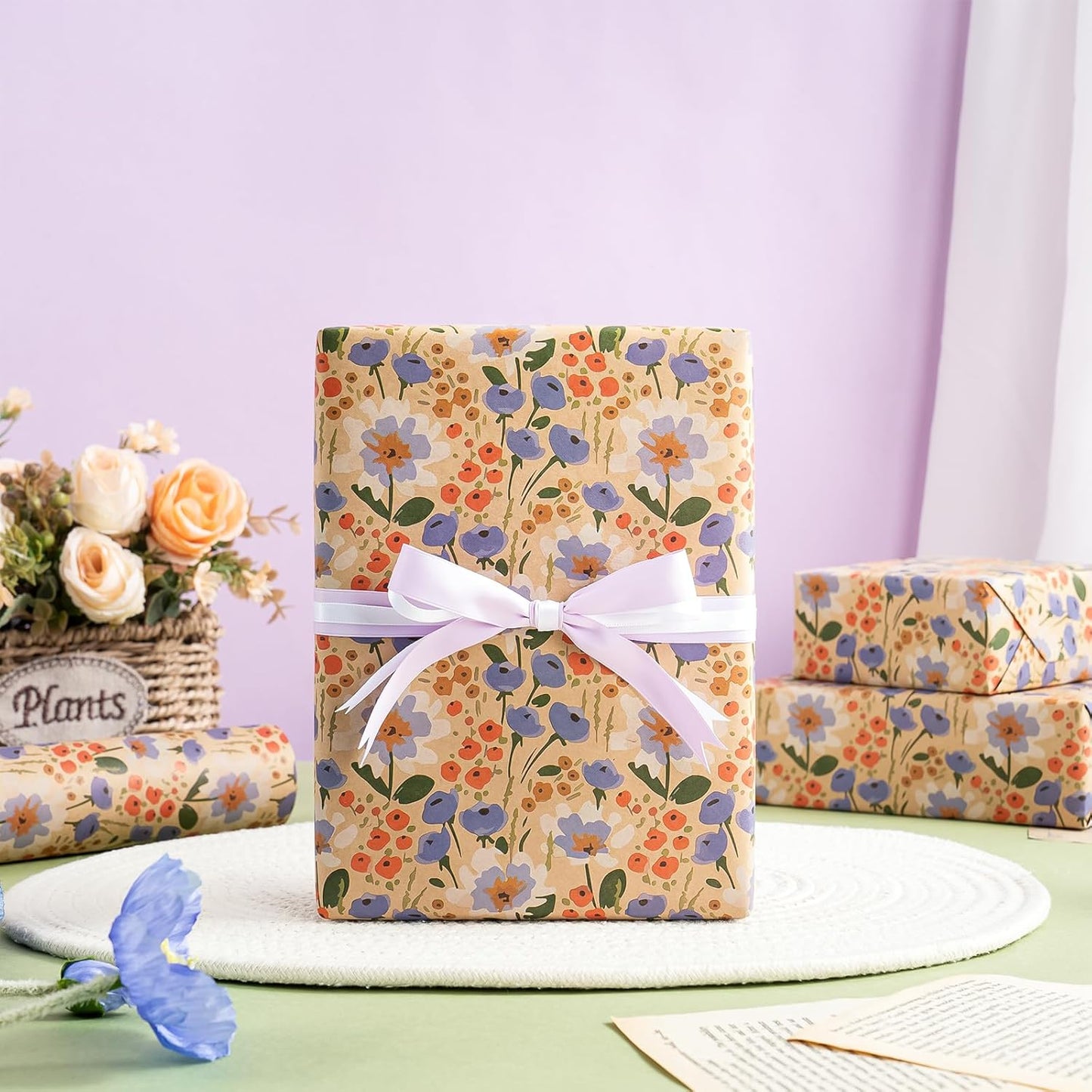 WRAPAHOLIC Kraft Floral Wrapping Paper Roll - Mini Roll - 17 Inch x 33 Feet - Watercolor Flower Wrapping Paper, Perfect for Wedding, Birthday, Bridal Shower, Tea Party
