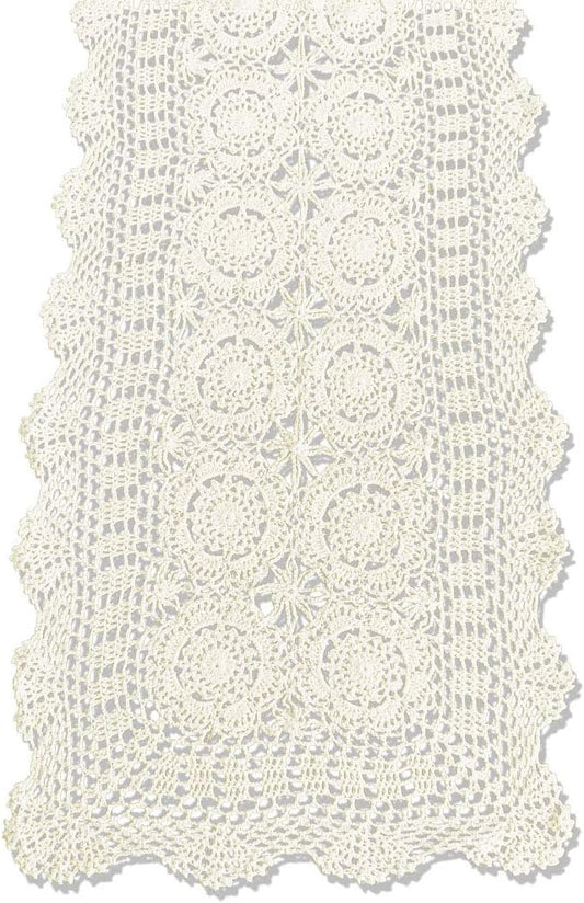 KEPSWET Cotton Handmade Crochet Lace Table Runner Beige Rectangle Coffee Table Dresser Decor (14x96 inch)