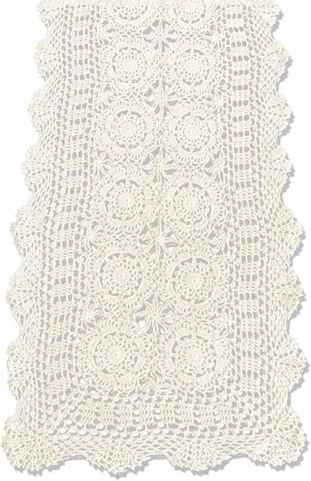 KEPSWET Cotton Handmade Crochet Lace Table Runner Beige Rectangle Coffee Table Dresser Decor (14x72 inch)