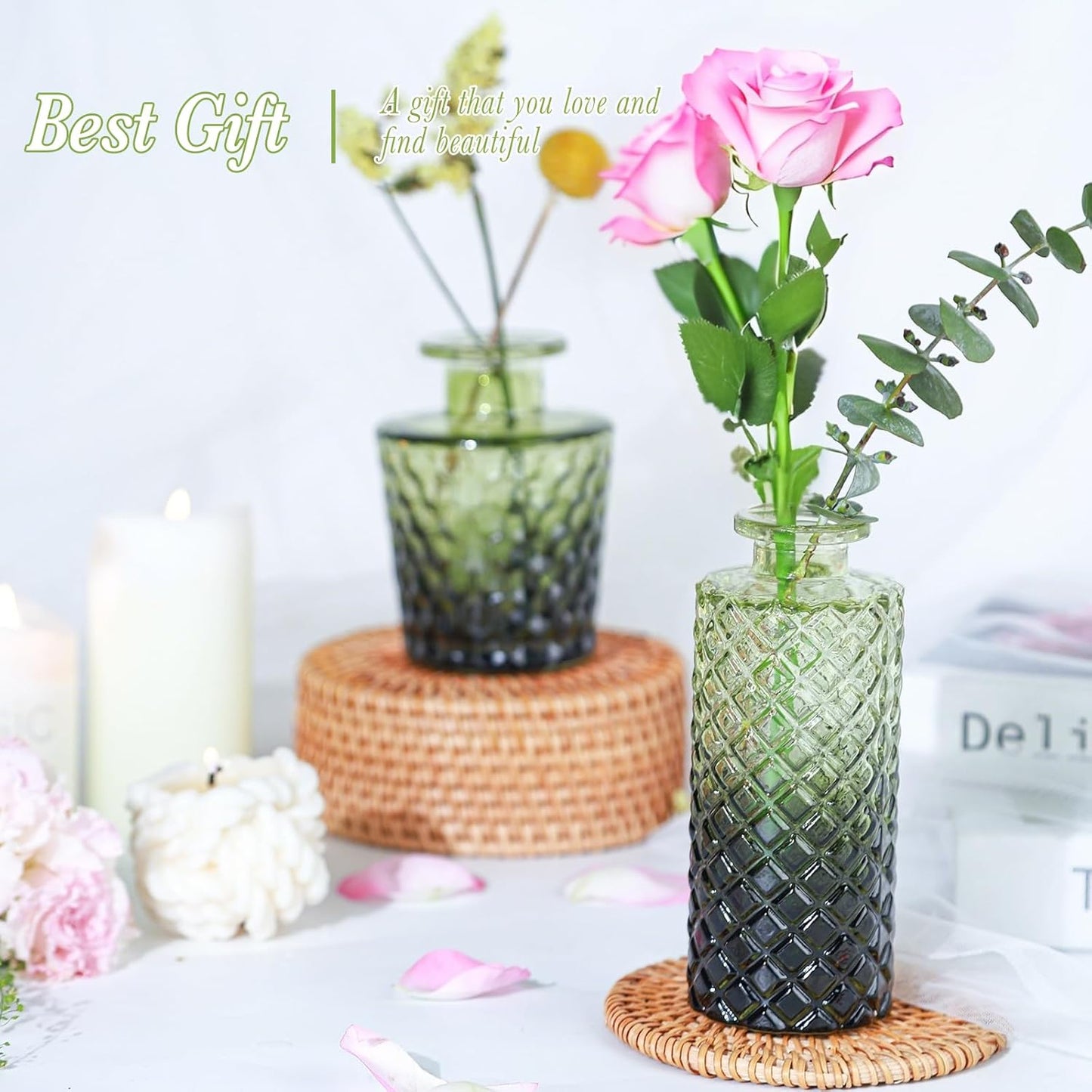 Green Glass Bud Vases Set of 12, Mini Flower Vase for Centerpieces, Small Glass Vases in Bulk for Wedding Decorations, Vintage Vase for Bridal Shower, Party, Recepetion, Home Table Décor