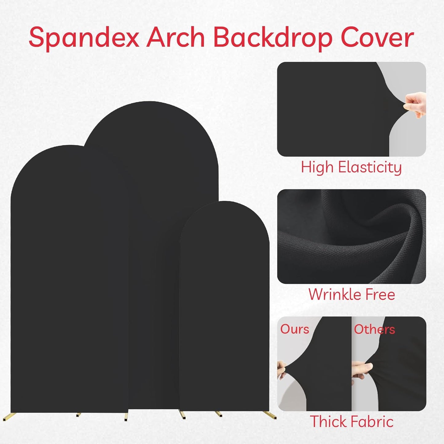 Spandex Anti Wrinkle Arch Backdrop Cover - High Elastic Fitted Arch Stand Cover Set of 3 Black Round Top Chiara Backdrop for Wedding Birthday Party Garden Decor 6.6FT, 7.2FT, 8FT