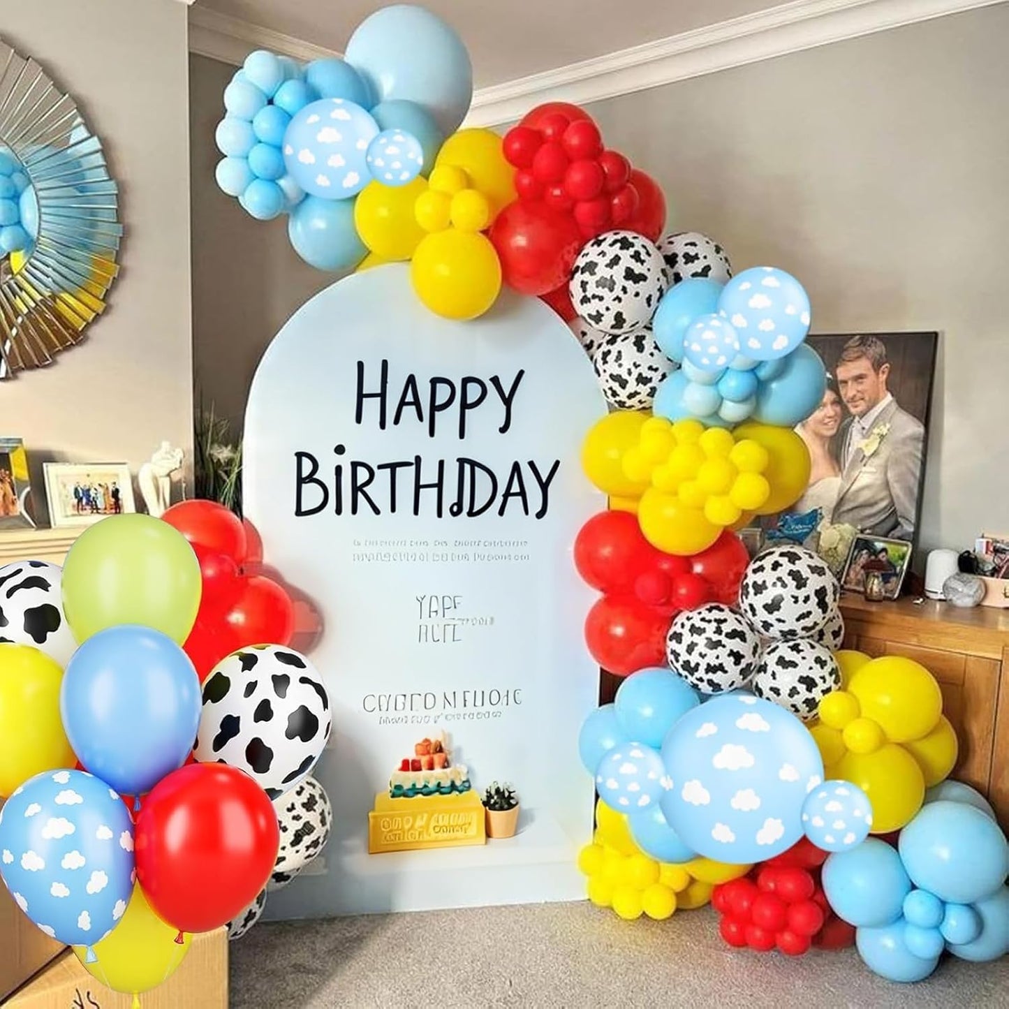 Blue Yellow Green Balloons, 12 Inches Yellow Light Blue Clouds White Cow Pattern Balloons for Boys Birthday, Countryside Theme Baby Shower Cow Party Decorations