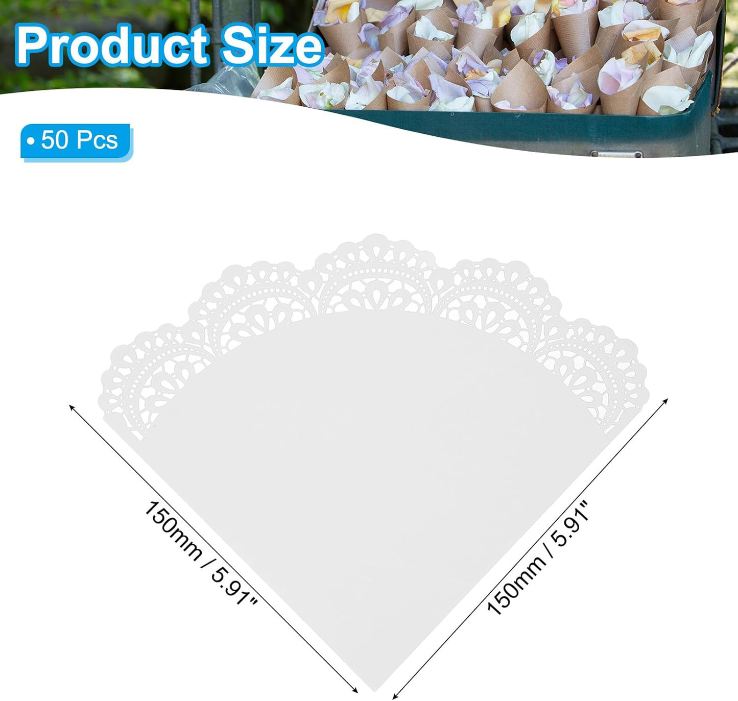 PATIKIL Wedding Confetti Cones, 50 Pcs Paper Tapers Hollow Print Lace Cone Bouquet for Party Candy Gift Boxes Chocolate Bags Buffet Bachelor Party Petals, White