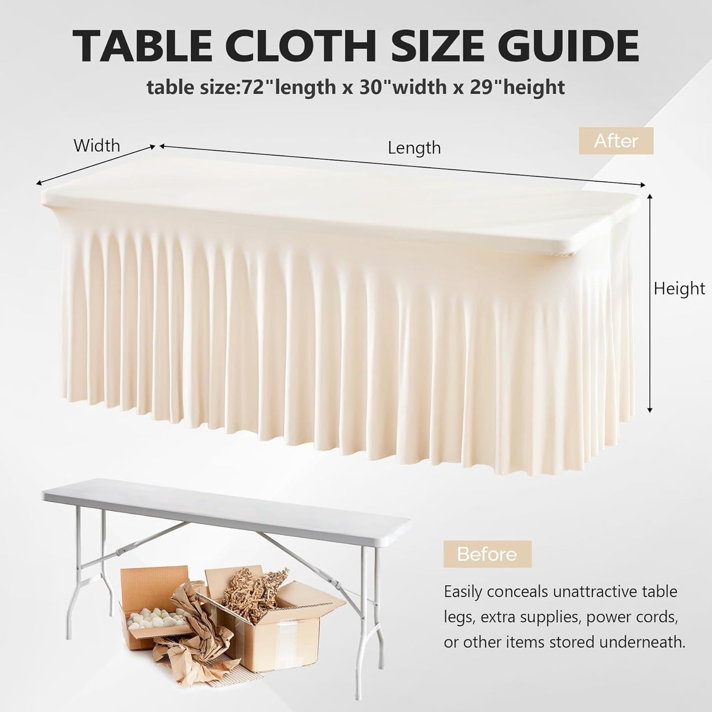 Wish Care 6 Pack Ivory Spandex Table Clothes for 6Foot Rectangle Tables, 6FT Wrinkle Free Fitted Tablecloths Ruffles Design Table Cover for Party, Banquet, Wedding and Events