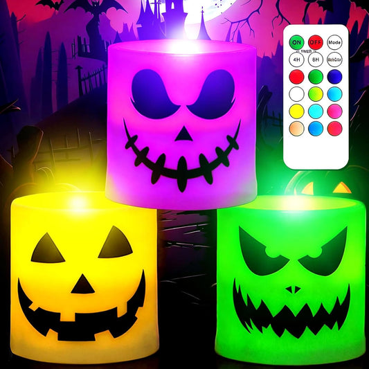 Halloween Flameless Candles - 3 Pack Colored Battery Operated Pumpkin Ghost Face Candles,LED Muti Color Grimace Night Light,Scary Halloween Decor,Fall Table Centerpieces, Spooky Home, Day of The Dead