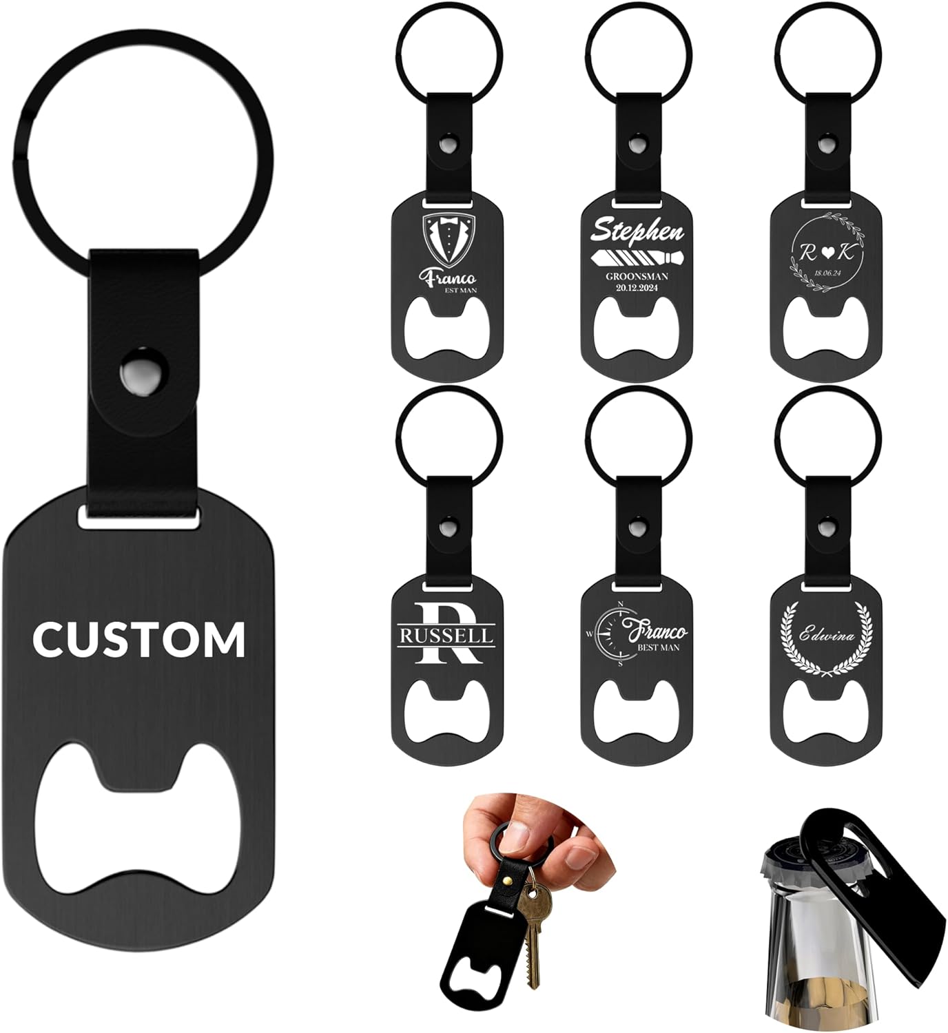 2 in 1 Personalized Bottle Openers Keychains Bulk,Pack 5-100 Flat Metal Custom Keychain with Your Text/Logo/QR Code, Unique Multitools for Wedding Party Favor, Bar, Promotion, Gift (Black)
