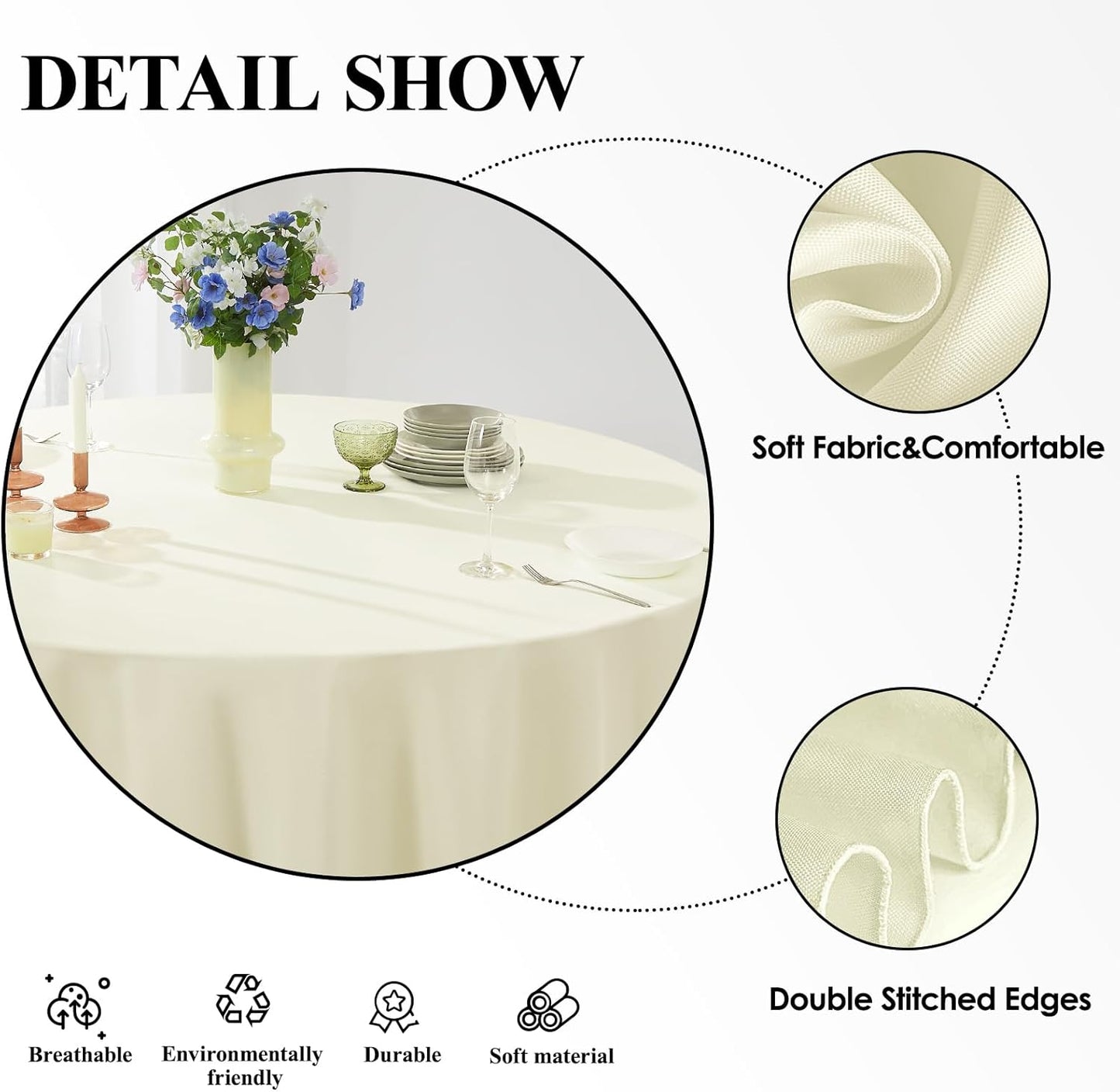 Round Tablecloths 2 Pack 120 Inch Ivory Tablecloth Linen Polyester Table Clothes Cover for Dining Table Banquets Buffet Parties and Wedding