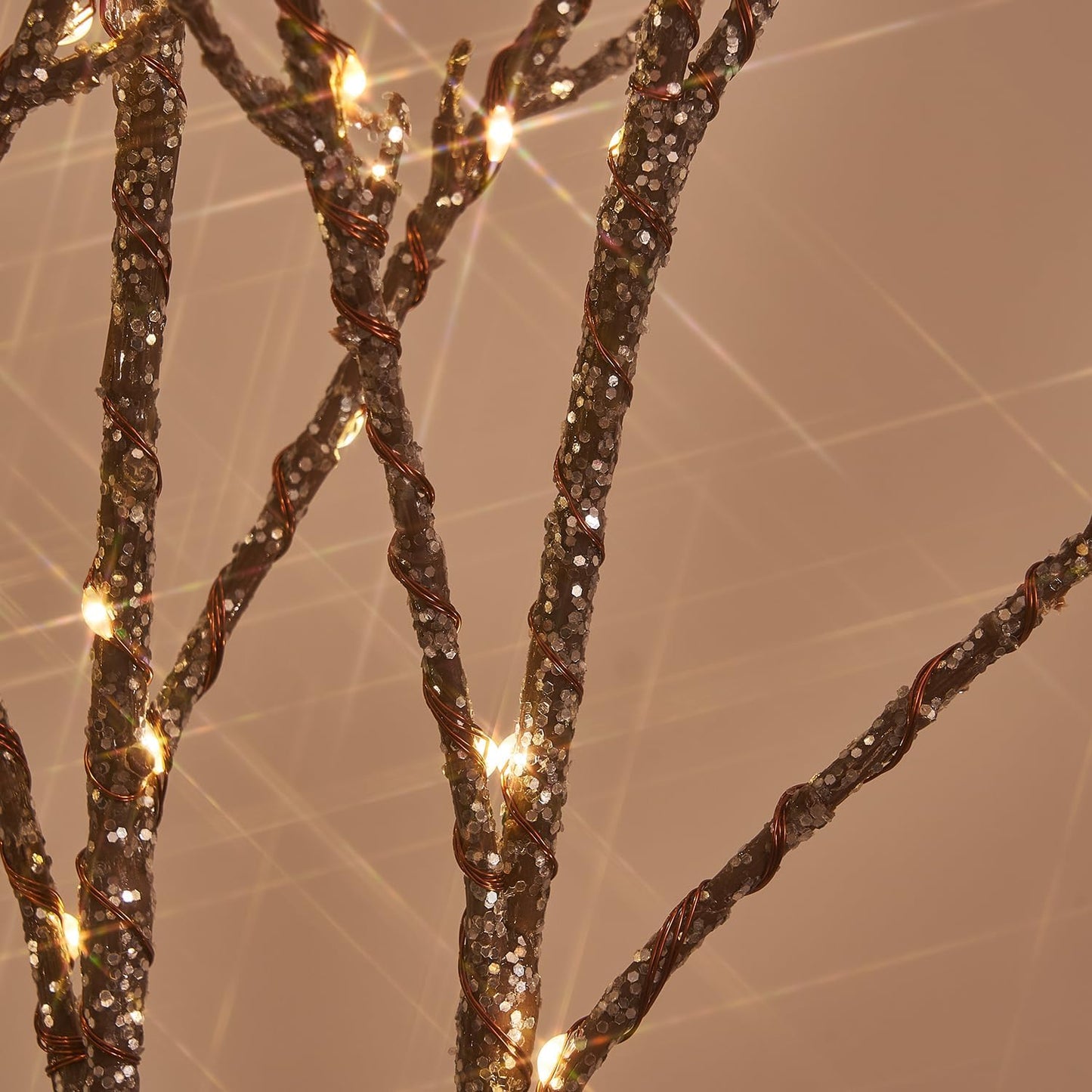 Hairui Lighted Willow Branches Silver Glittered 32IN 120 LED Fairy Lights with Timer, Twig Branch with Lights Battery Operated or USB Plug in for Home Fireplace Room Christmas Holiday Decoration