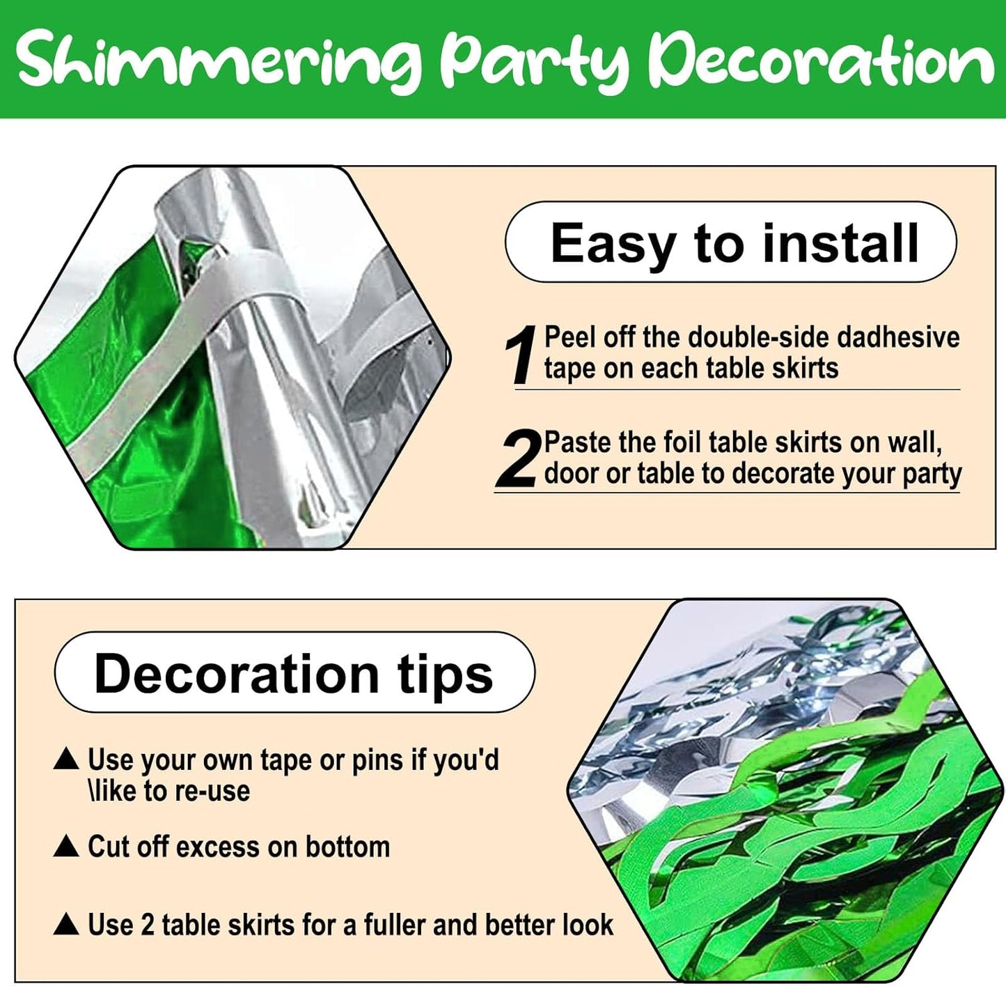 6 Pack 29 x108 Inch Silver Greenange Wave Foil Fringe Table Skirts Metallic Banner for Tinsel Streamer Garland Backdrop for Parade Floats, Mother's Day, Easter, Wedding, Birthday Party Decoration