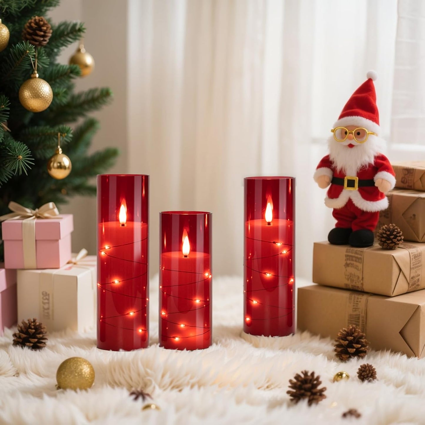 Raycare Flameless Candle with Remote Timer – 9 Flickering Acrylic Battery Operated LED Pillar Candles with Embedded Star String for Halloween, Home Decor, and as a Gift (Red)