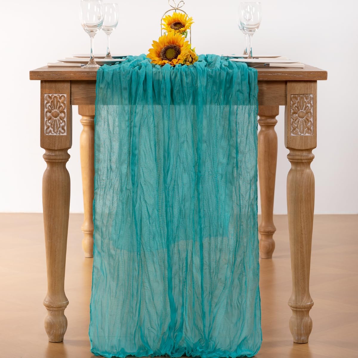 Teal Green Cheesecloth Table Runner Fall Table Runner Boho Gauze 120 Inches Turquoise Cheese Cloth Fall Table Decorations for Thanksgiving Wedding Bridal Baby Shower Tea Party Decor
