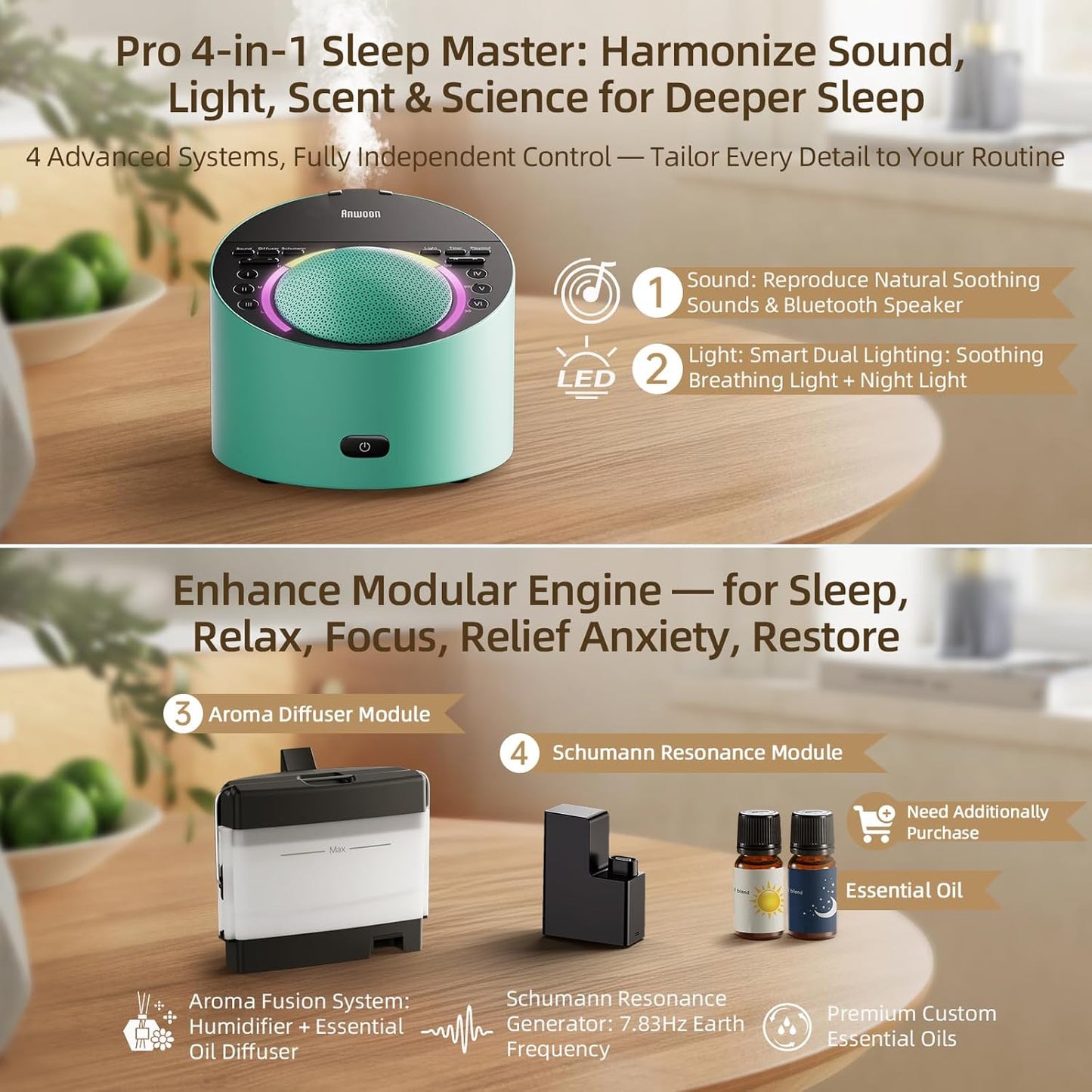 Sound Machine & Aroma Diffuser Pro 4-in-1 Sleep System, Premium Metal Shell with Schumann Resonance &Night Light, White Noise &50+ Natural Sounds -for Sleep, Focus, Relaxation -Adults Kids Baby