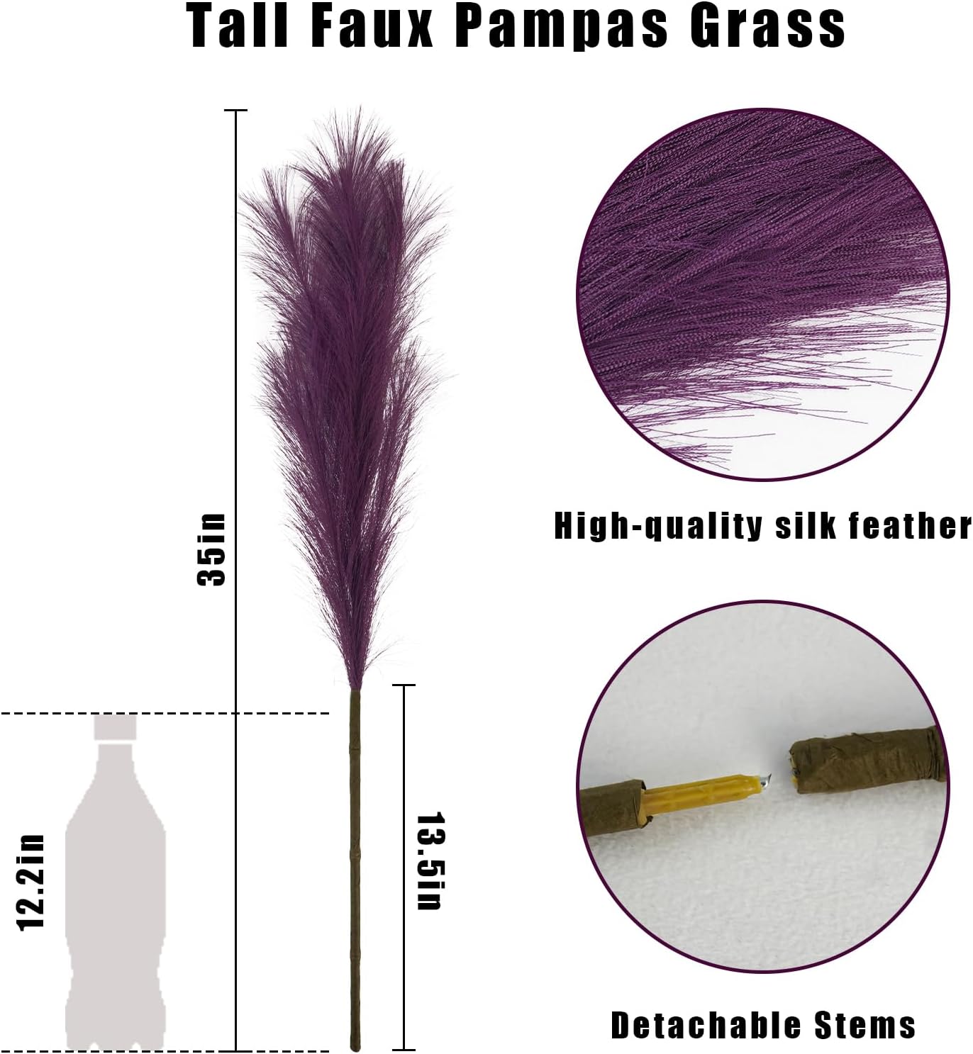35" Faux Pampas Grass Decor, 8pcs Large Tall Fluffy Artificial Pompous Grass Branches Floral Fake Pompas Grass Bulrush Floor Vase Filler Flower Arrangement for Home Wedding Boho Decor, Purple