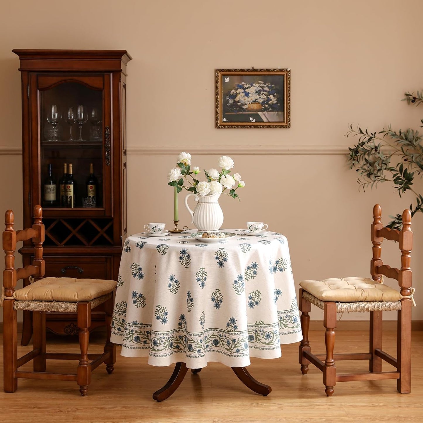 ISAENNE Designer White Linen Round Tablecloth,Chinoiserie Floral Elegant Indoor Table Cloth,Fall Stain Proof Decor Tablecloths for Dining Thanksgiving Kitchen,Diameter 67"-Mosella F