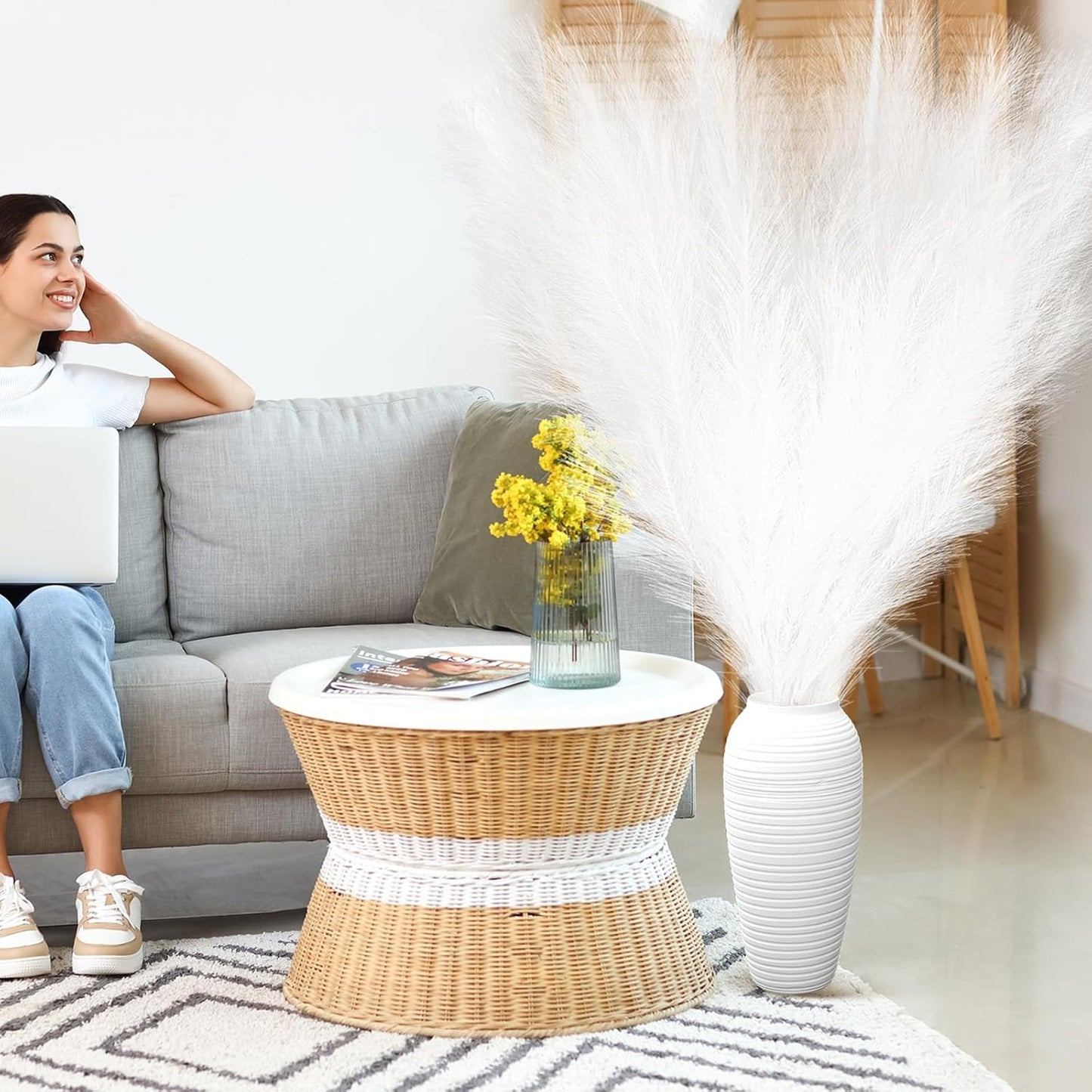 Zeyune 10 Pcs 71'' Large Faux Pampas Grass Decor Tall Artificial Pompous Grass Bulk for Boho Floor Vase Filler Wedding Floral Arrangements Home Baby Shower and Boho Decor (White)