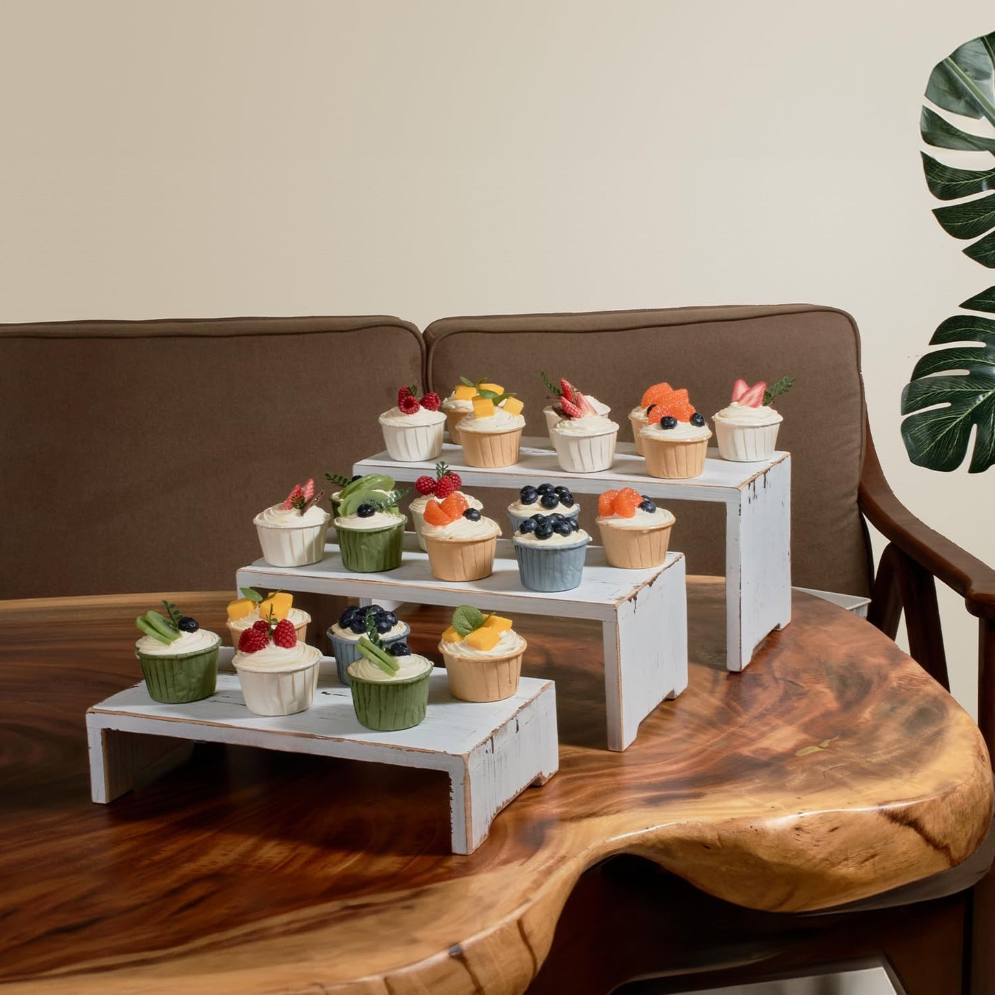 Set of 3 Wooden Rustic Cupcake Stand for 24 Cupcakes, Stepped Wood Display Stand for Weddings, Tiered Party Buffet Table Display Nesting Riser for Food , Dessert, Cookie, Craft Show, White