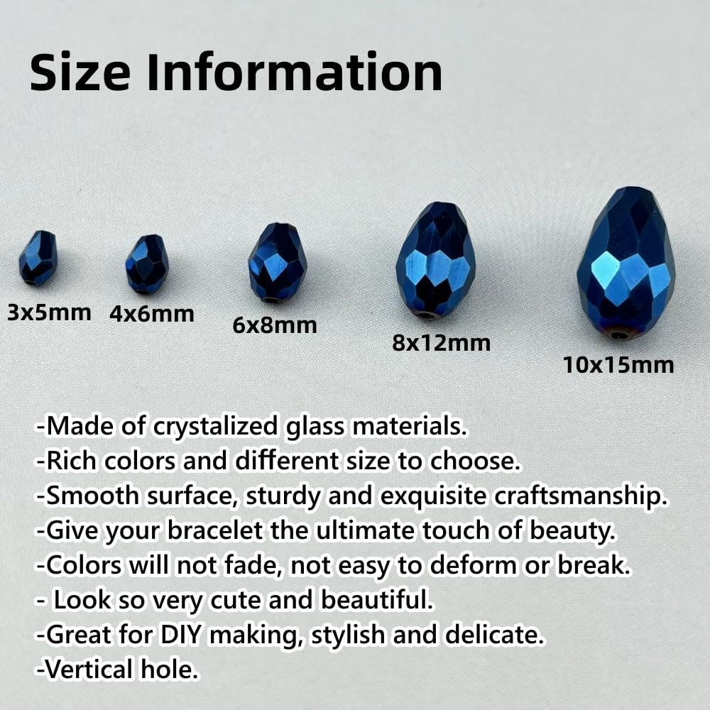 50pcs 10x15mm Teardrop Crystal Glass Beads for Jewelry Making, Faceted Vertical Hole Teardrop Glass Spacer Beads for Wind Chimes Bracelet Earring Necklace DIY Craft(Blue Light)
