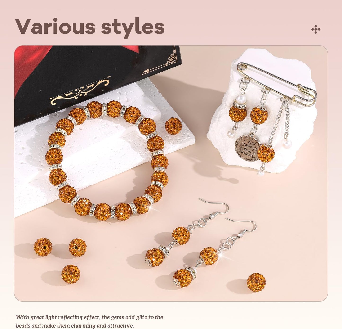 160pcs 10mm Rhinestone Beads for Jewelry Making, Golden Shiny Round Disco Ball Beads Bulk, Sparkle Crystal Clay Christmas for Bracelet Baseball Necklace Earring Crafting and DIY