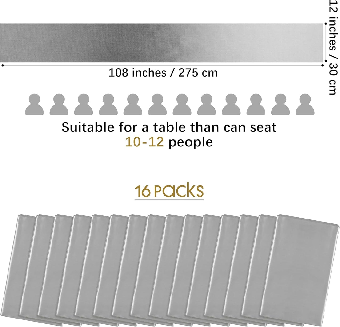 Aneco 16 Pack Satin Table Runner 12 x 108 Inch Silver Long Wedding Satin Silk Table Runner for Wedding Banquet Graduations Birthday Party Decoration