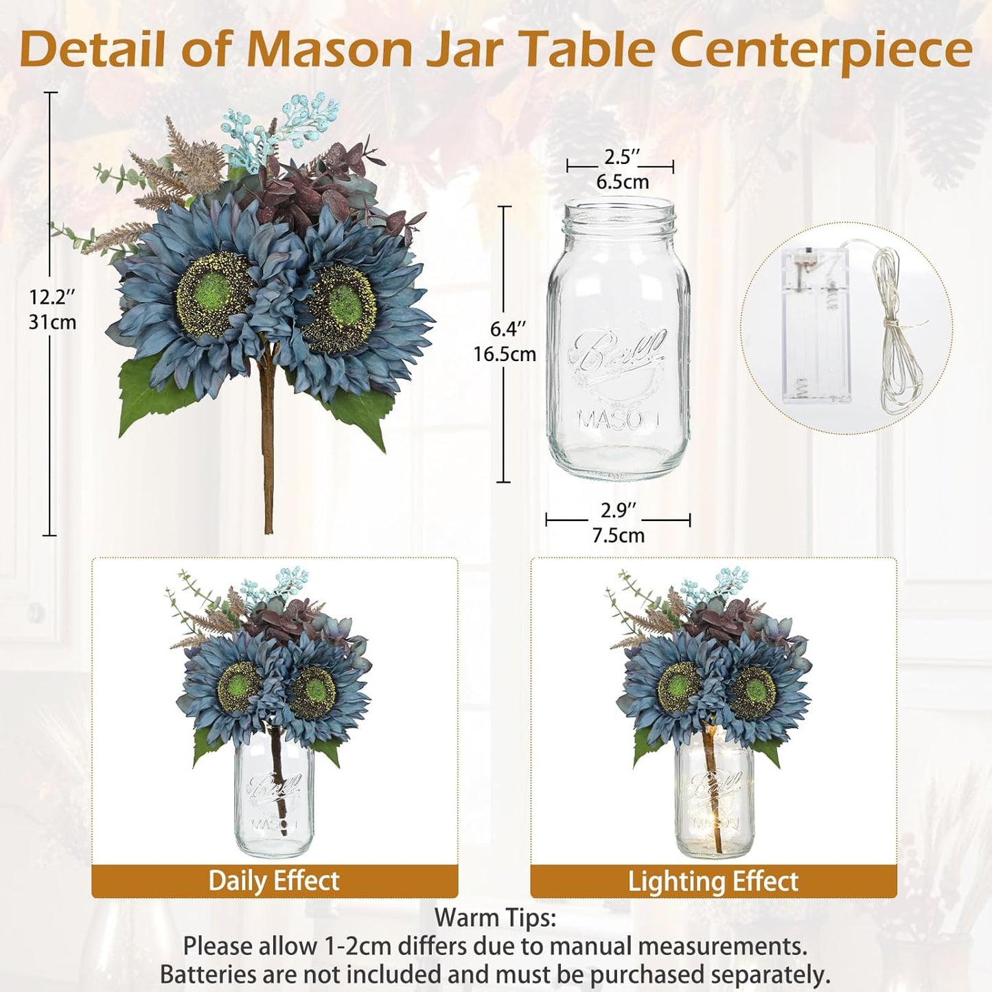 Silk Sunflowers Artificial Flowers with Mason Jar Centerpiece for Table Blue Fall Flowers in Vase Small Fall Floral Arrangement with Vase Thanksgiving Centerpiece for Dining Room Table Autumn Decor