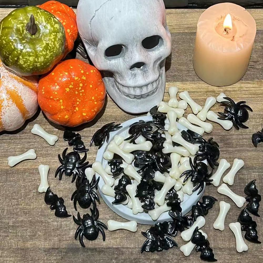 HappyFiller Halloween Decoration 450 PCS Black Mini Acrylic Spiders Bat Mix Ivory Color Bones for Sensory Bin Gems,Vase Fillers,Home Decor,Table Scatters