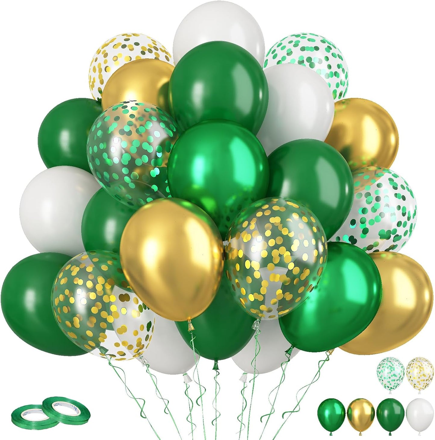 Green and Gold Balloons, 60Pcs Dark Green Gold Balloons, 12 Inch Metallic Gold Latex Balloons Green Gold Confetti Balloons Helium for Birthday Safari Jungle Baby Shower Anniversary Party Decoration