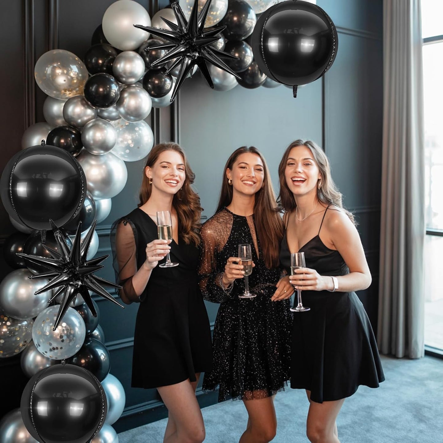 6Pcs Black Foil Balloons,22Inch Black 4D Round Ball Balloon and Explosion Star Balloon for Birthday Wedding Baby Shower Anniversary Graduation Decorations