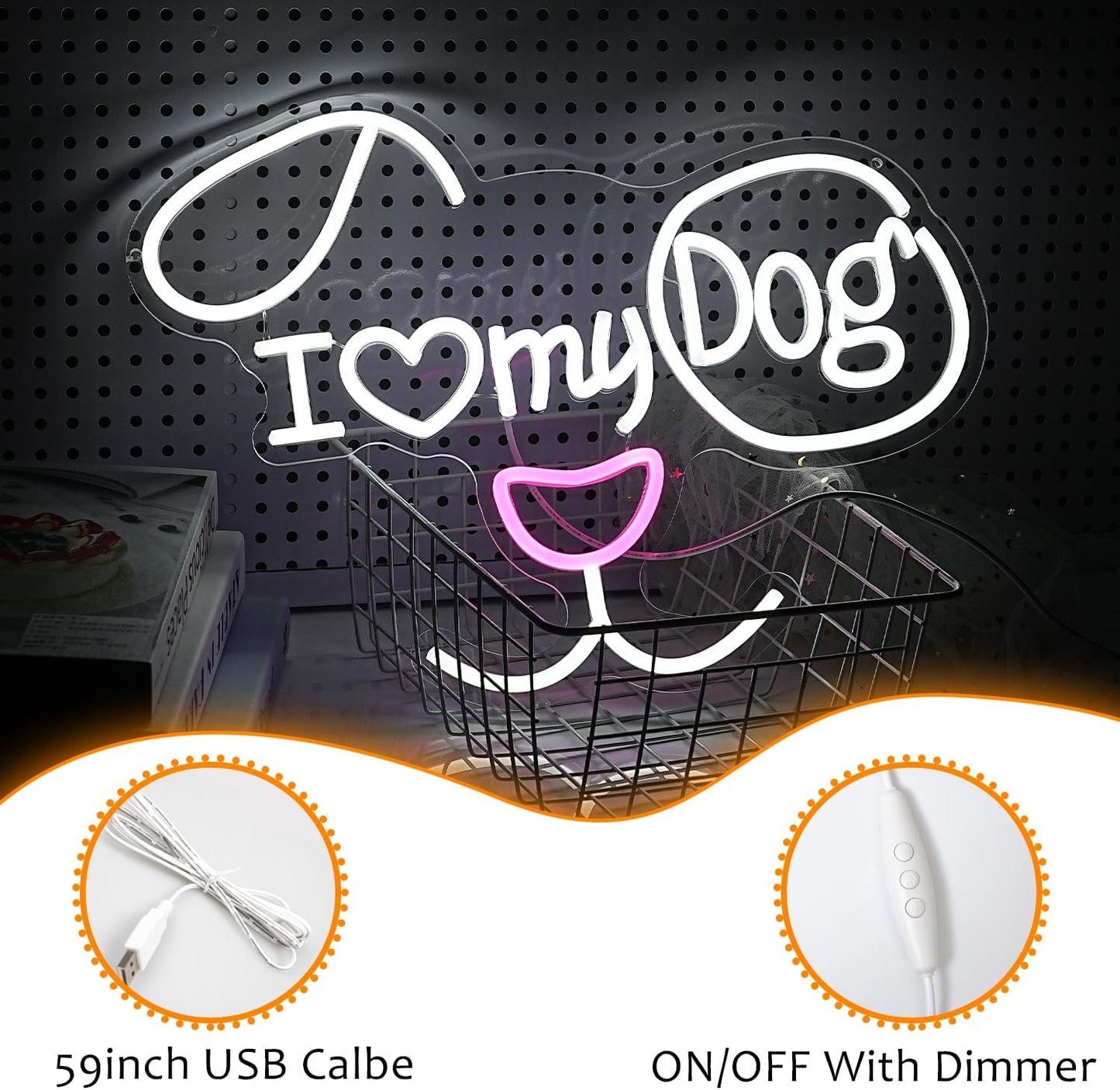 I Love My Dog Neon Sign for Wall Decor Funny Dog Neon Light Powered by USB Dimmable LED White Red Light Up Sign for Pet Shop Bedroom Animal Theme Party Decor Great Idea(16.7 * 12.6In)