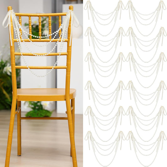 16 Pcs Wedding Pearl Bow Chair Decor Satin Ribbon Bows with Pearl Beaded String Garland Aisle Chair Sashes Decorations for Ceremony Coquette Party Banquet Decor (Ivory)