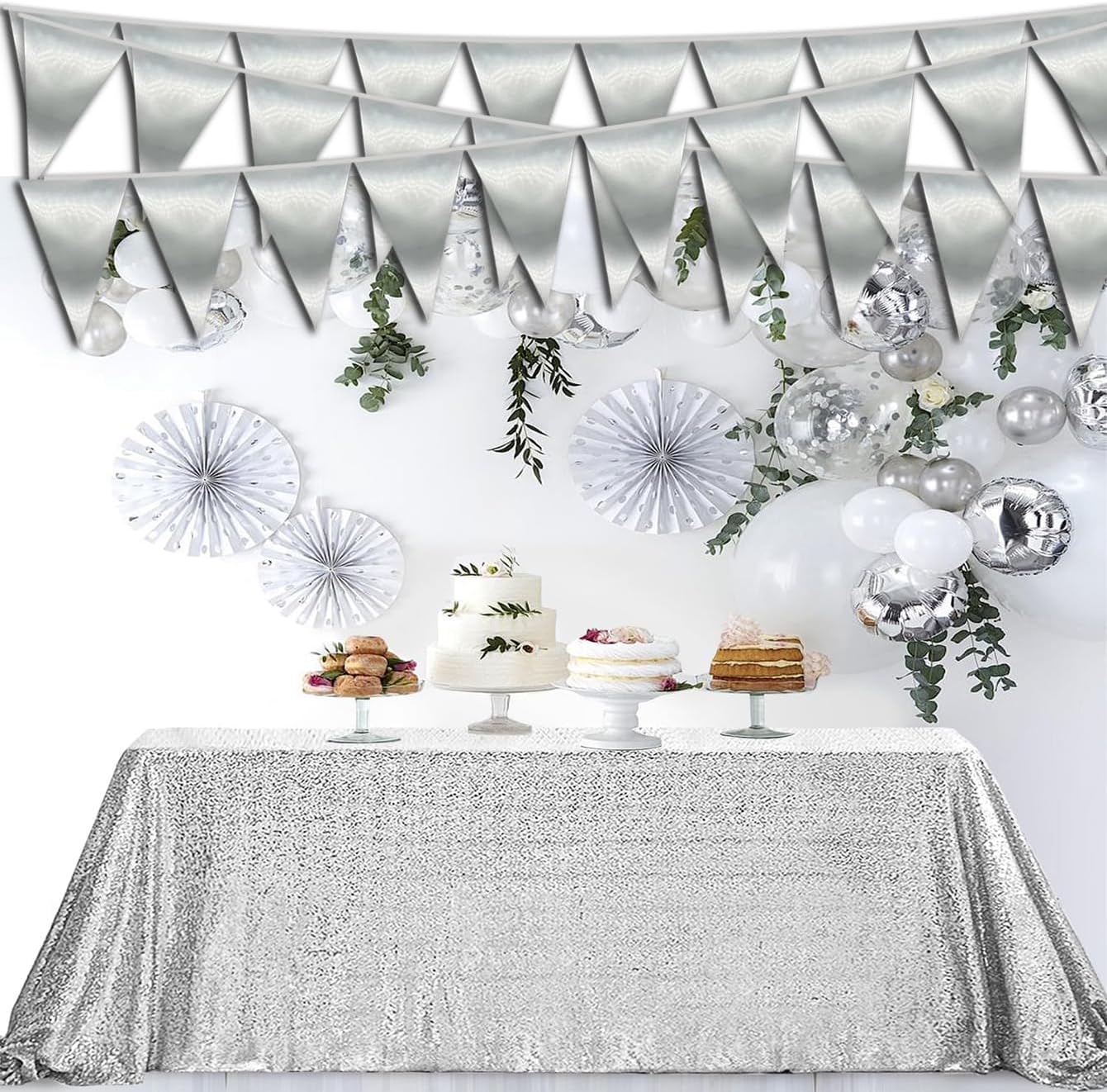 40M/130FT Silver Triangle Pennant Banner Flag Metallic Fabric Bunting Garland for Christmas Graduation Wedding Engagement Anniversary Bachelorette Birthday Bridal Shower Valentines Hen Party Supplies