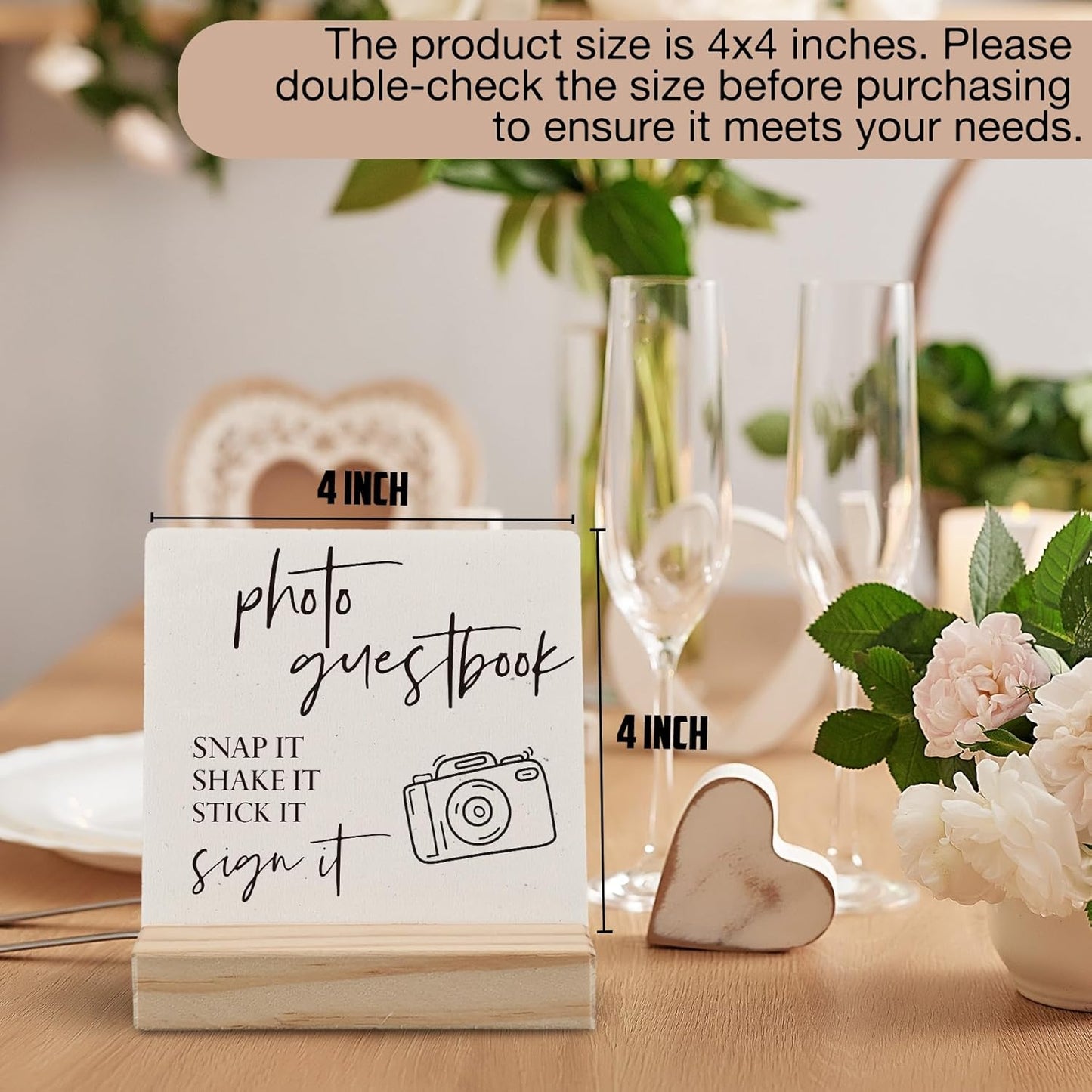 Wedding Guest Book Desk Decor 4x4 Inch, Photo Guest Book Sign Wood Plaque, WeddingGuestBook Sign, Wedding GuestBook Sign Wooden Plaque with Wood Stand for WeddingReception Table Decor