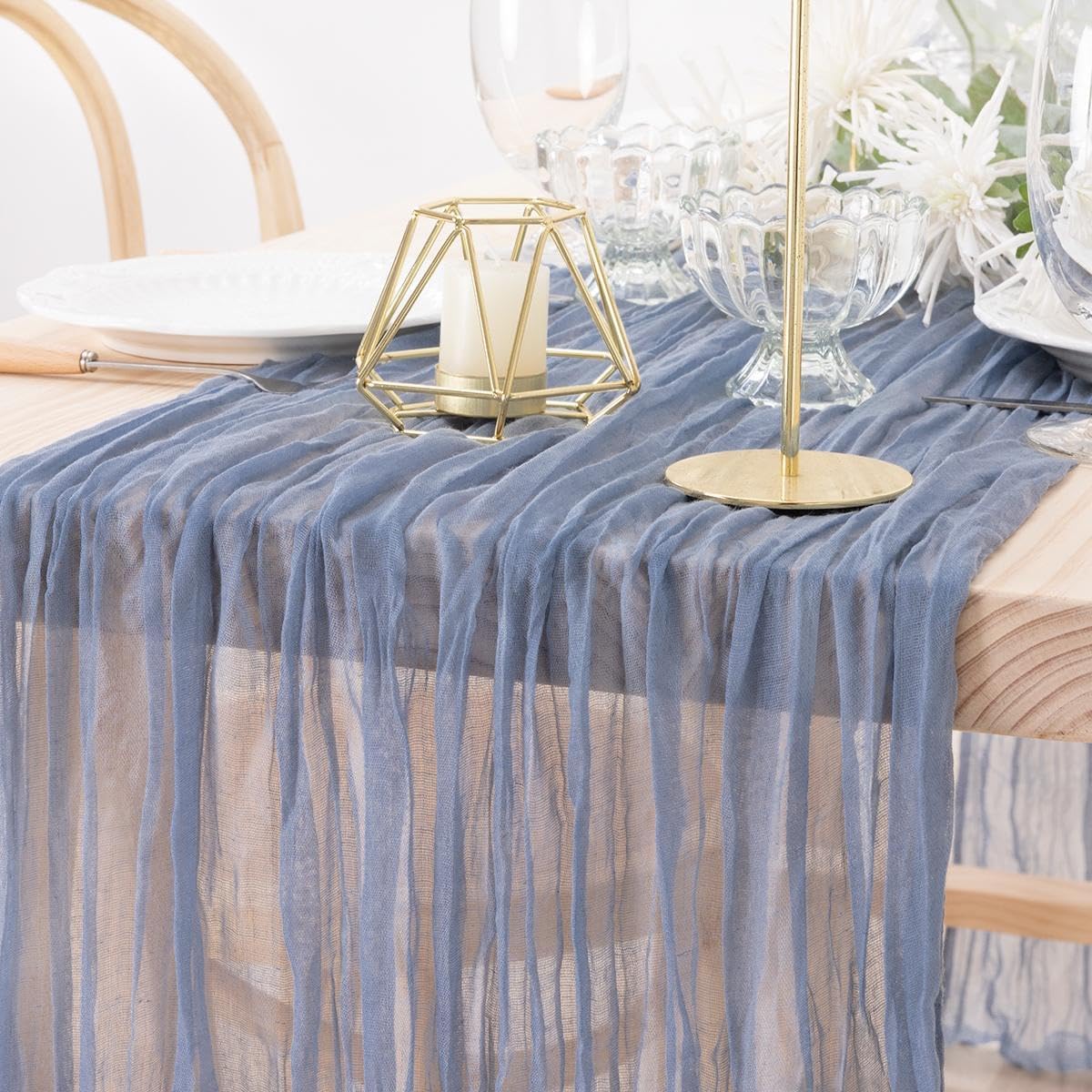 MLMW 4 Pack Dusty Blue Table Runner Cheesecloth Gender Reveal Boho Gauze Rustic Cheese Cloth Table Runner 160 inch Sheer 13.3ft for Wedding Party Baby Bridal Shower Birthday