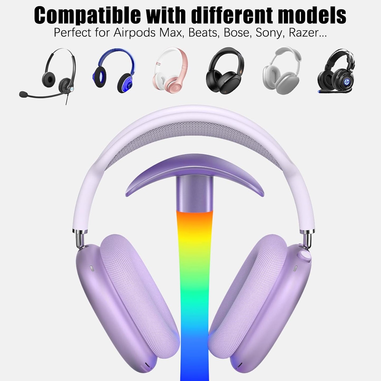 Headphone Stand with Wireless Charger,Gaming Headset Stand with RGB Light Mode,Airpod Max Stander Compatible with Airpod Pro/3/2,iPhone 16/15/14/13/12/11,Gifts for Gamers & Music Lover (Purple)