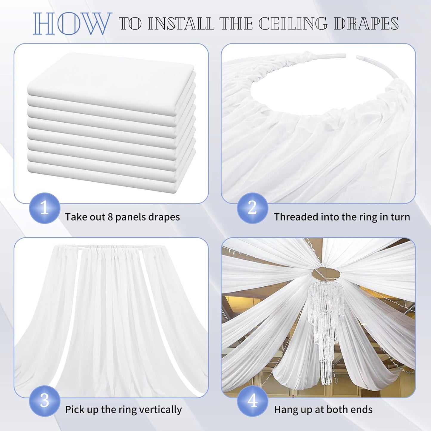 8 Panels White Ceiling Drapes for Wedding 5ftx20ft Chiffon Fabric Arch Draping Curtains for Party Ceremony Birthday Baby Shower Reception Stage Ceiling Decorations