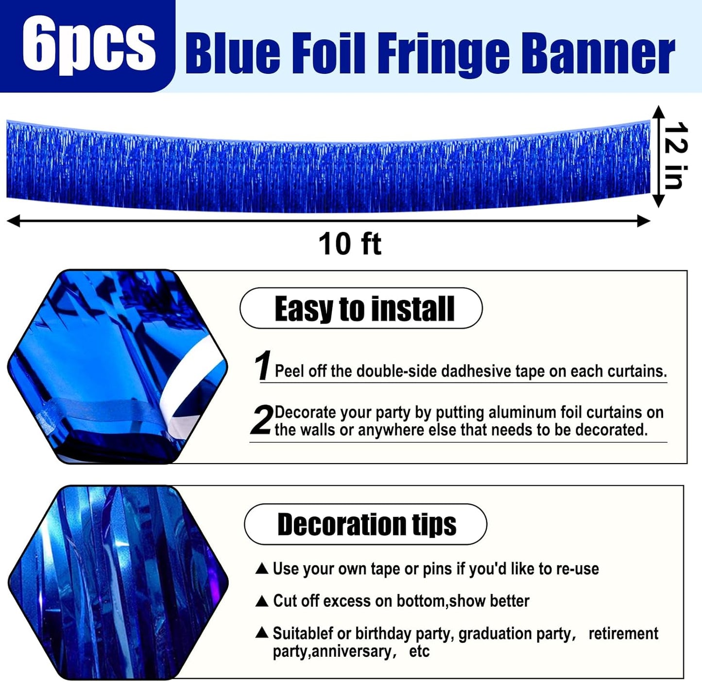 6 Pack 10 Feet Blue Foil Fringe Garland Metallic Tinsel Streamers Banner Wall Hanging Curtain Backdrop for Parade Floats, Birthday, Graduate, Mother's Day, Wedding Party Decoration