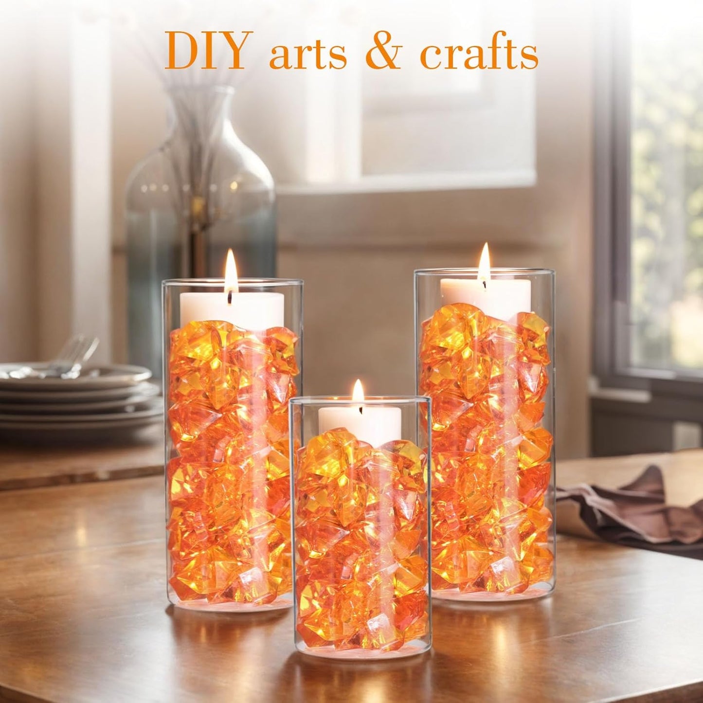 DomeStar Orange Fake Crushed 150 PCS Fake Diamonds Plastic Acrylic Clear Ice Rock Diamond Crystals Fake Ice Cubes Gems for Home Decoration Wedding Display Vase Fillers