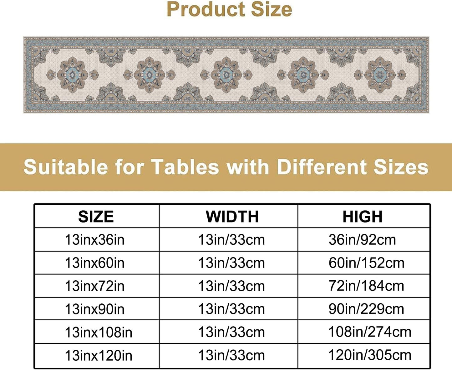 Boho Bohemia Style Table Runner, Vintage Teal Brown Retro Flower Rustic Country Style Floral Print Pattern for Home Kitchen Table Decor Dining Coffee Room Garden Party Decor 13x36in