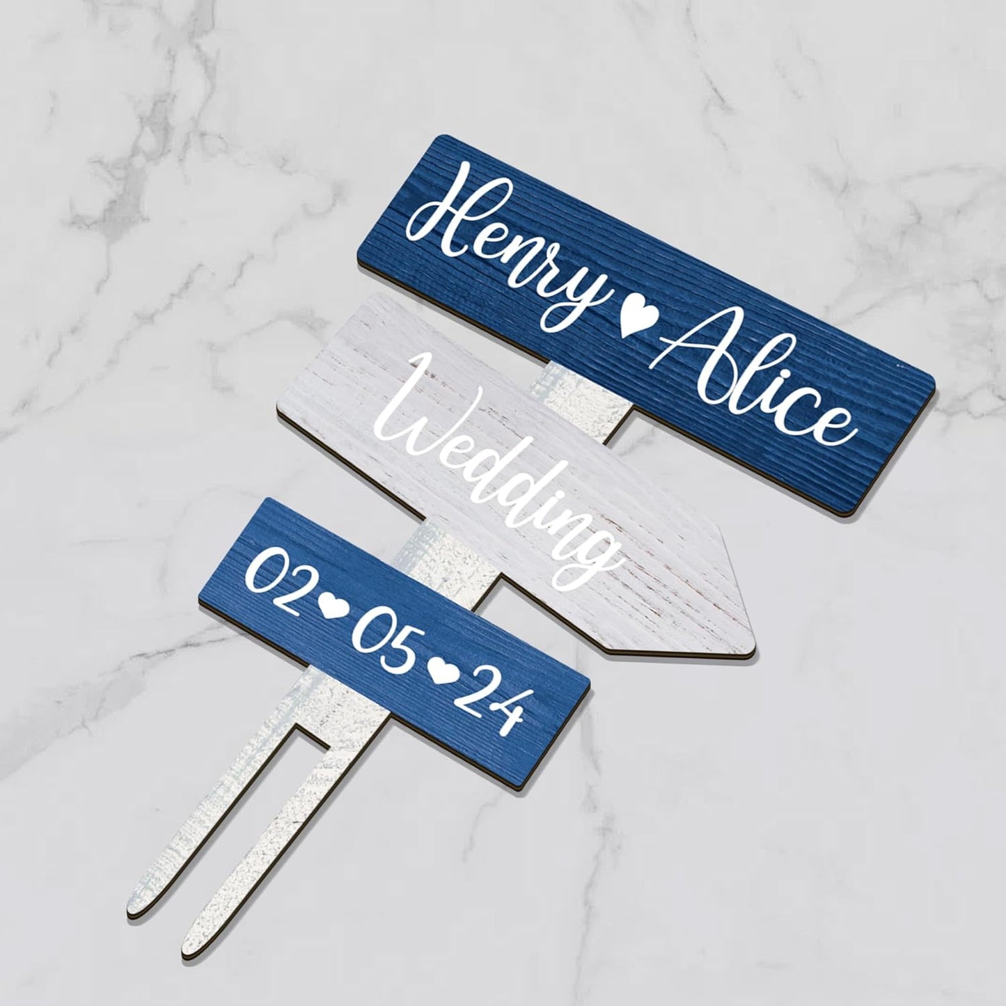 Personalized Ocean Themed Wedding Cake Topper in Wood Custom Bride & Groom Names Initials Wedding Date Cake Decoration (Navy)